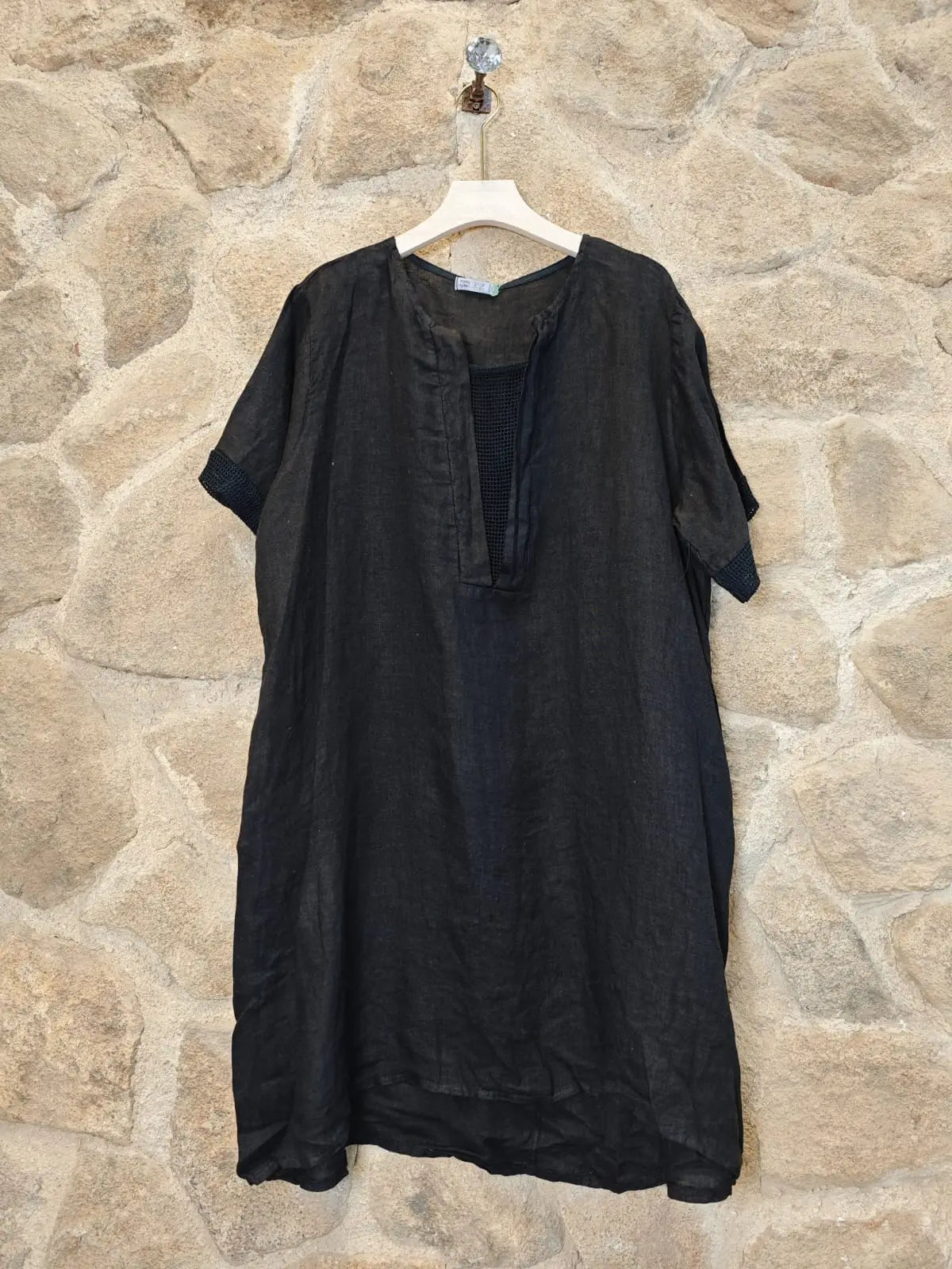 Dress: Dress with Mesh Neckline 100% Linen (Two Colors)