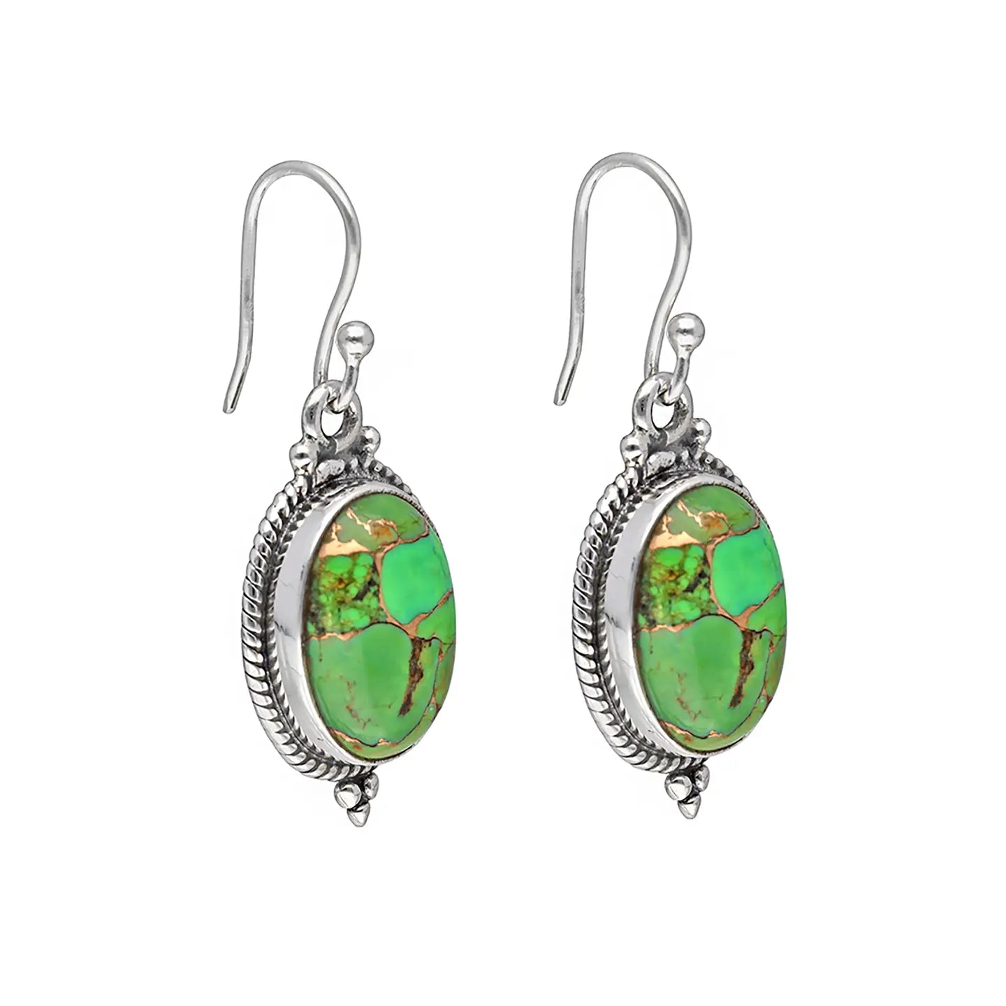 Earrings: Sterling Silver Green Copper Turquoise Gemstone