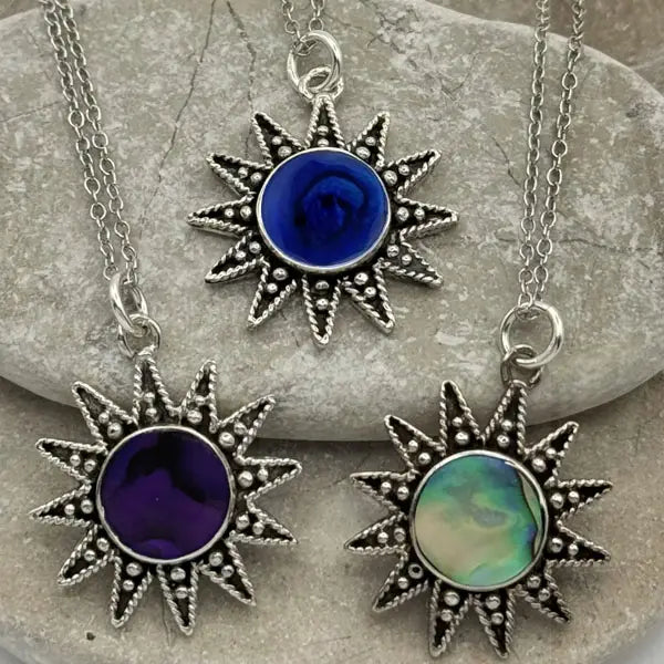 Necklace: Sterling Silver Sun Necklace, Shell Inlayed (Two Colors)