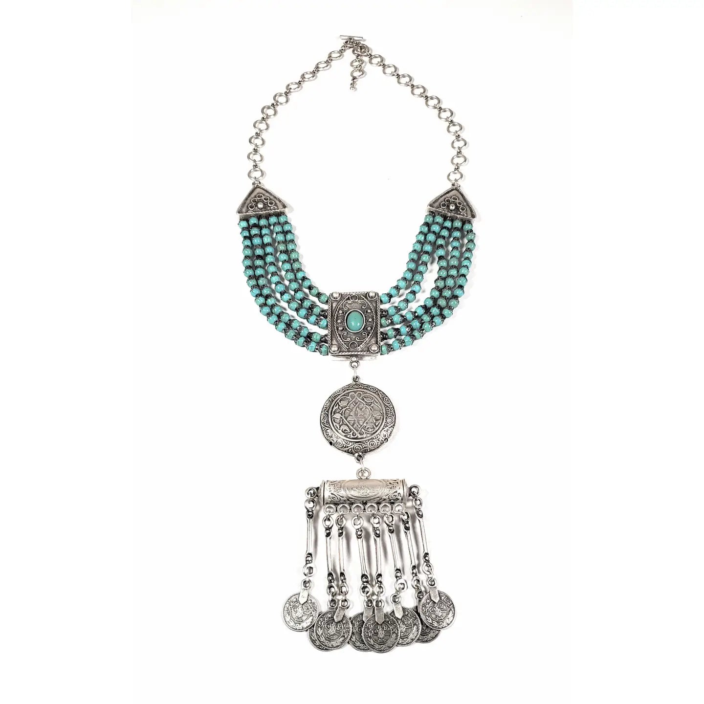 Necklace: Three tier w/turquoise bead & pewter necklace