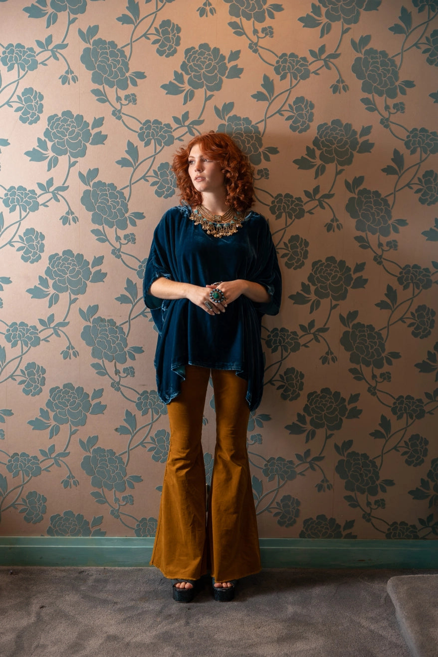 Blouse: Silk Velvet Scarf Top - Peacock