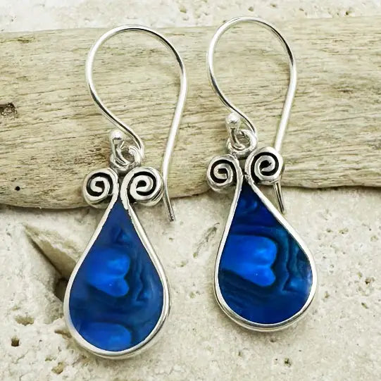 Earrings: Sterling Silver Tear Drop Double Swirl Paua Shell