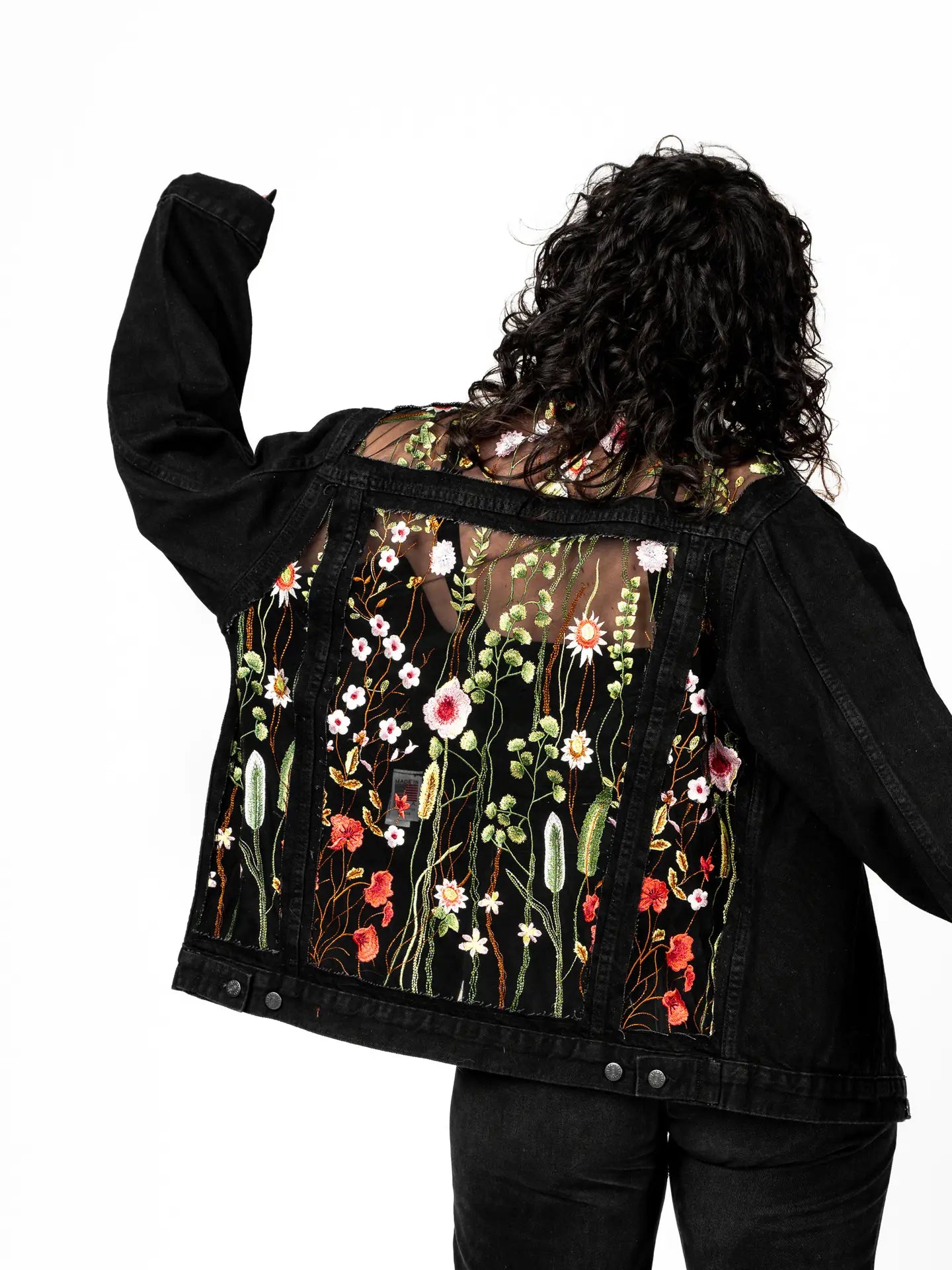 Jacket: Black Floral Half Lace Denim Jacket