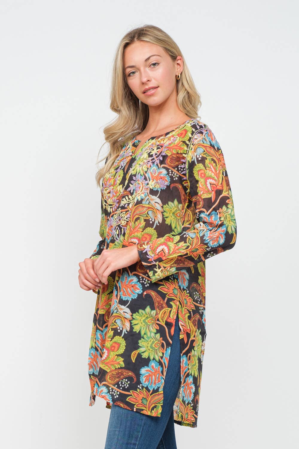 Tunic: Carlyle Black and Apple Green Printed Embroidered
