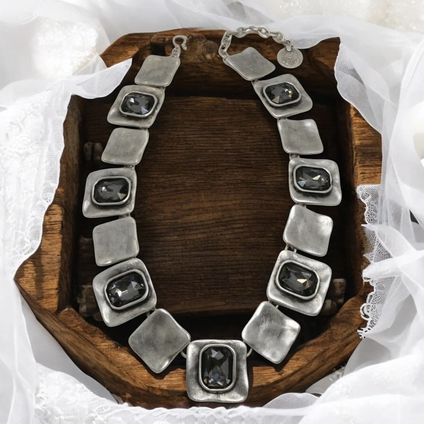 Necklace: Pewter Necklace w/Smoke Grey Crystals