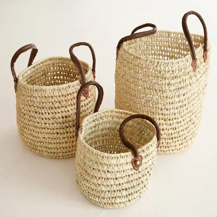 Basket: Round Wicker with Leather Handles (Three Sizes)