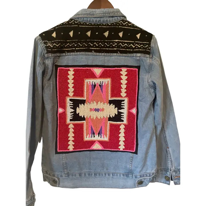 Jacket: Denim Hand-Beaded Southwest Design on Mud Cloth