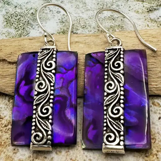 Earrings: Sterling Silver Leaf & Vine On Paua (Abalone) Shell