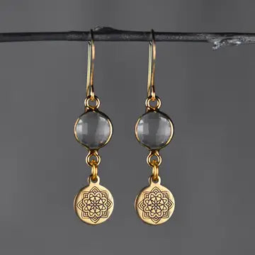 Earrings: Stamped Blackened Mandala w/ Semi Precious Stone