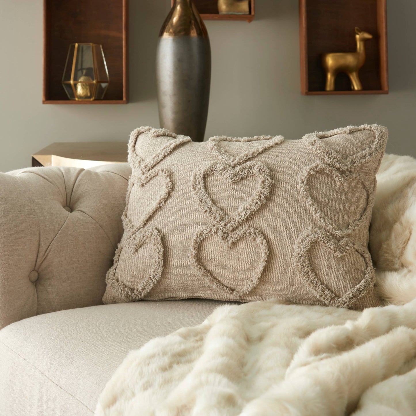 Pillow: Raised Hearts Khaki Throw Pillow