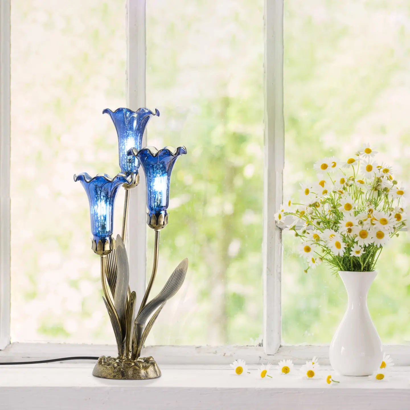 Lamp: 21"H Blue Mercury Glass 3 Lily Uplight Table Lamp