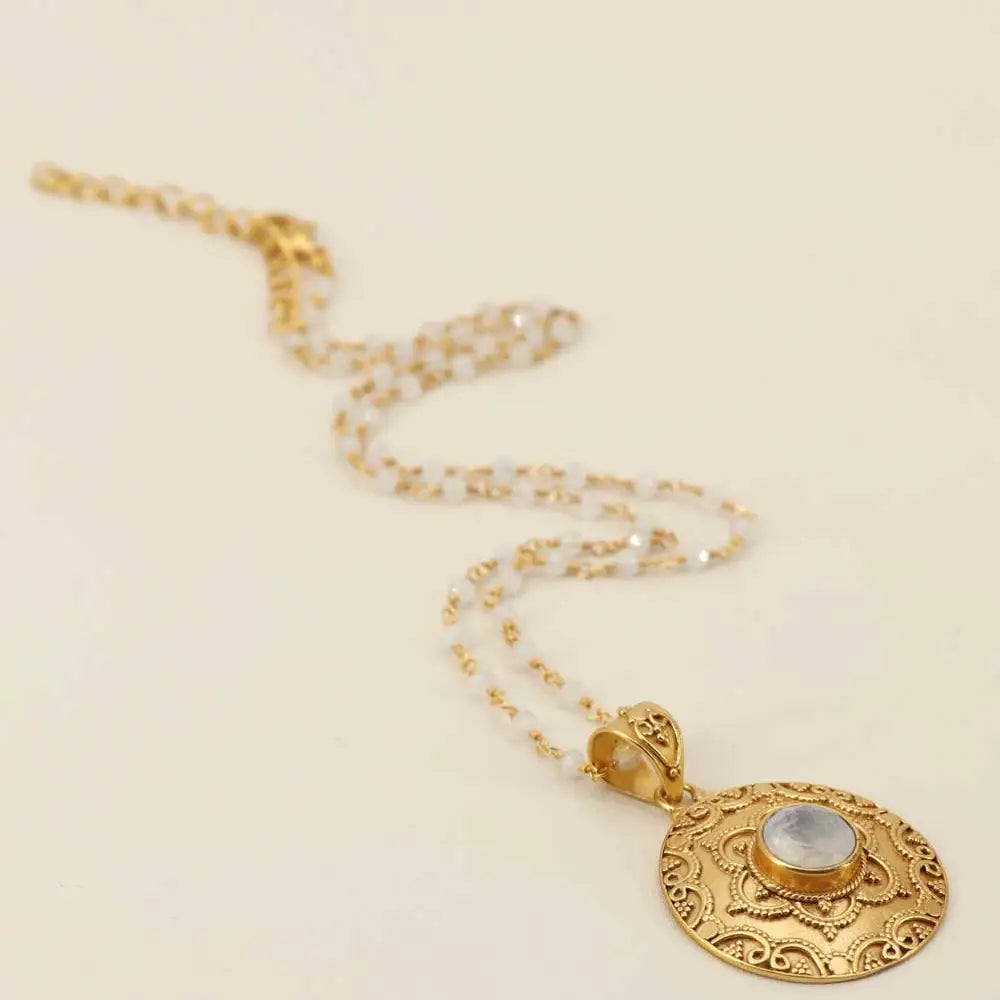 Necklace: Gold Plated Rainbow Moonstone Floral