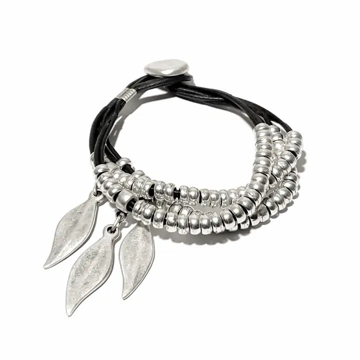 Bracelet: Pewter with Leather Straps and Leaves