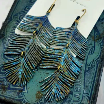 Earrings: Ocean Blue Patina Fringe Feather
