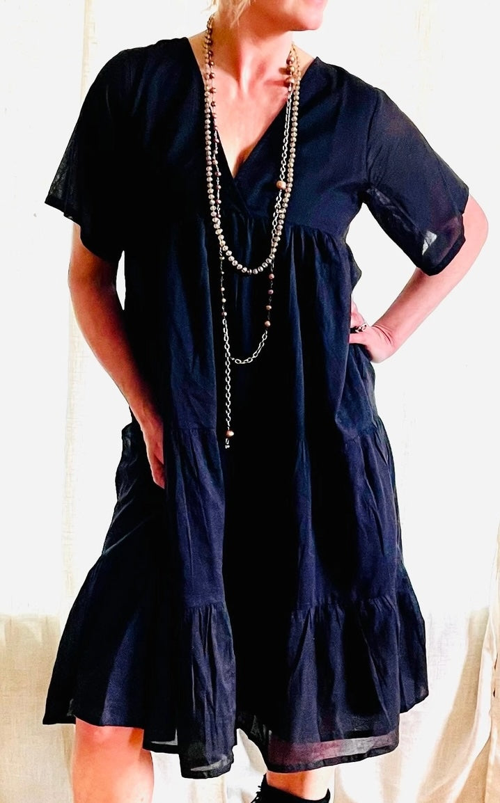 Dress: Midi Dress - Black Cotton River Of Time Boutique Dress: Midi Dress - Black Cotton River Of Time Boutique