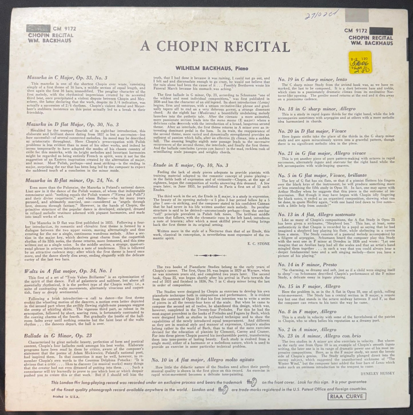 International: Chopin - Wilhelm Backhaus - A Chopin Recital (JK)