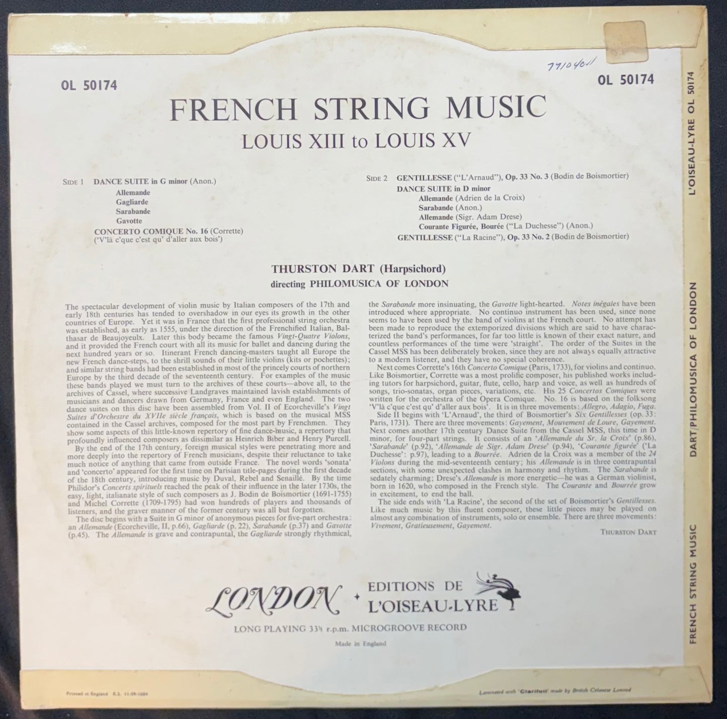 International: Thurston Dart, Philomusica Of London – French String Music Louis XIII To Louis XV (JK)