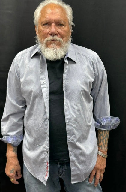 Men's Button Up Shirt/ Grey w/Blue Cuff Detail