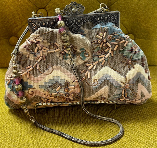Vintage Purse: Tapestry with Wooden Beads