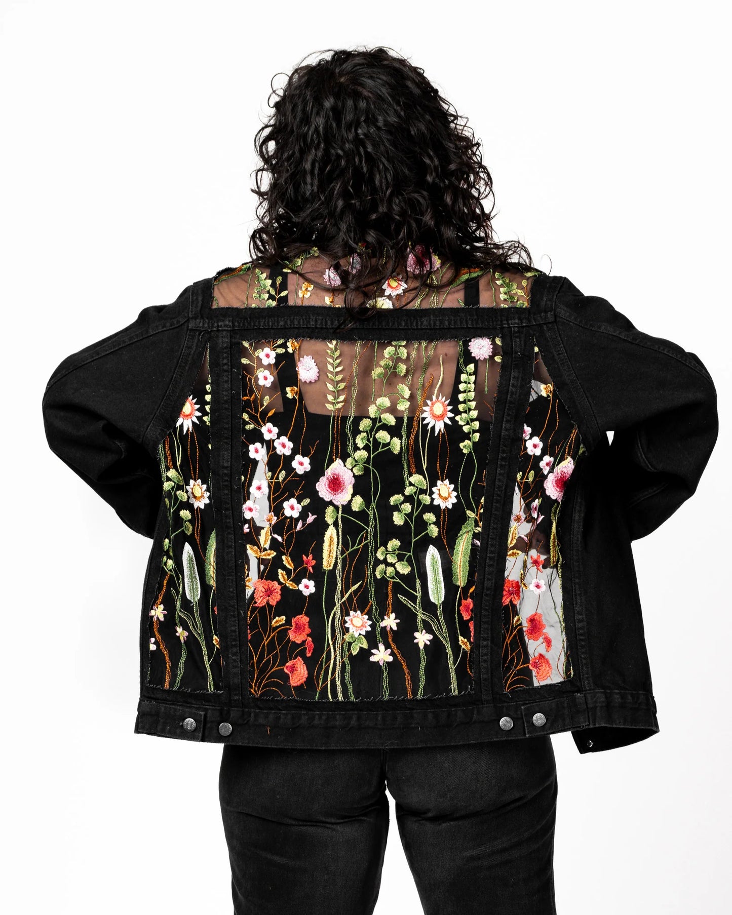 Jacket: Black Floral Half Lace Denim Jacket