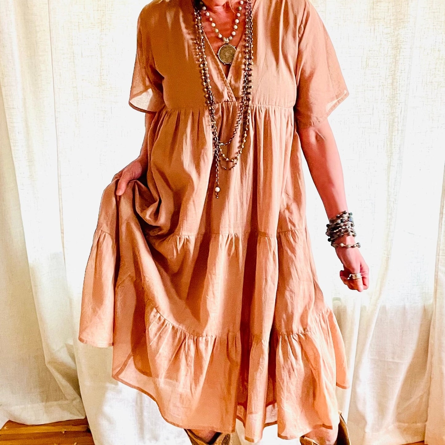 Dress: Midi Dress - Tan Cotton