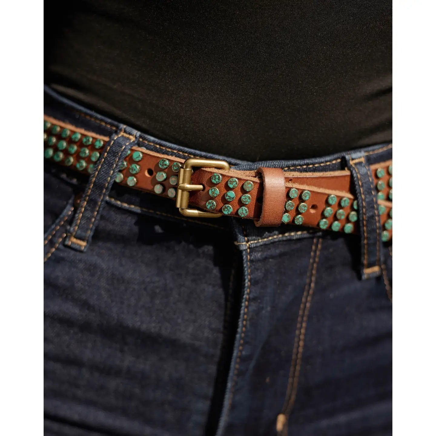 Belt - Women's Skinny Leather Belt w/Turquoise Patina Studs/Women's Size Medium
