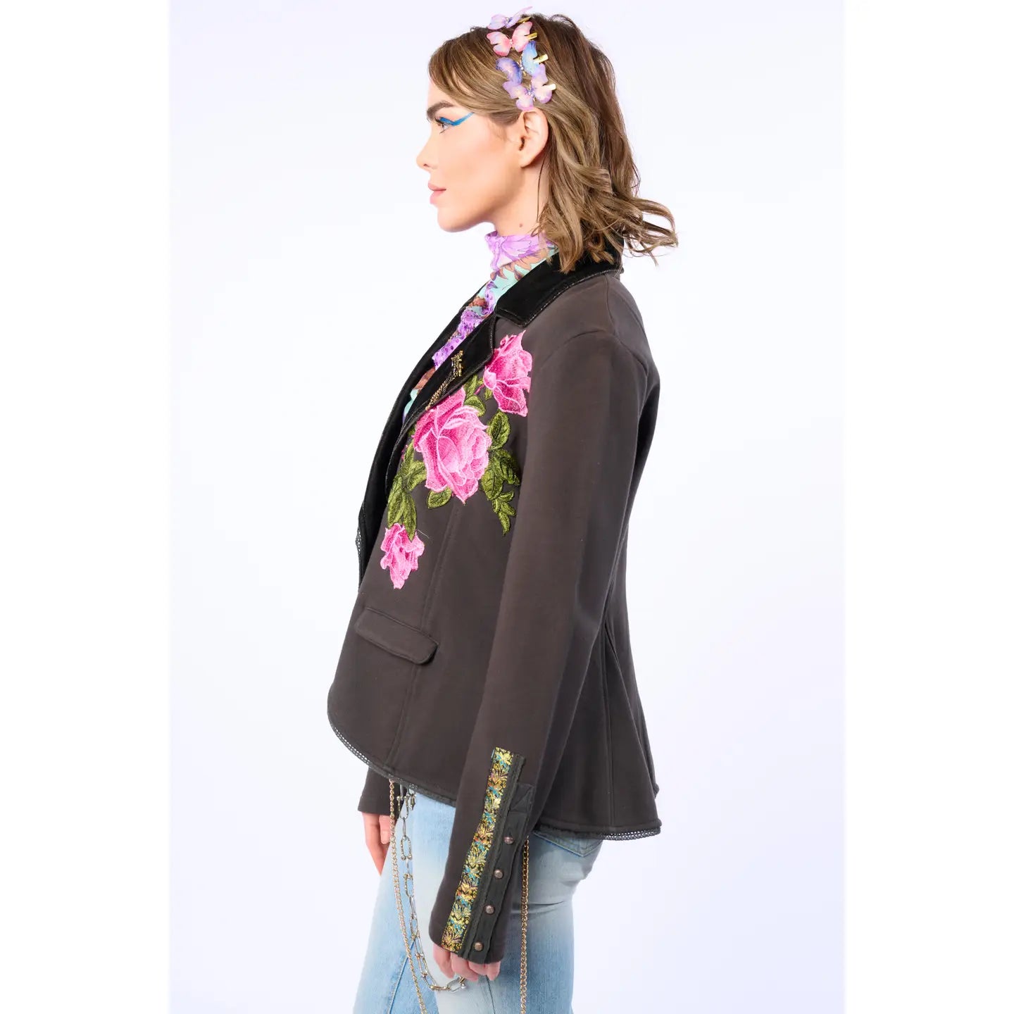 Blazer: Colonel Embroidered Floral Knit - Vintage Charcoal