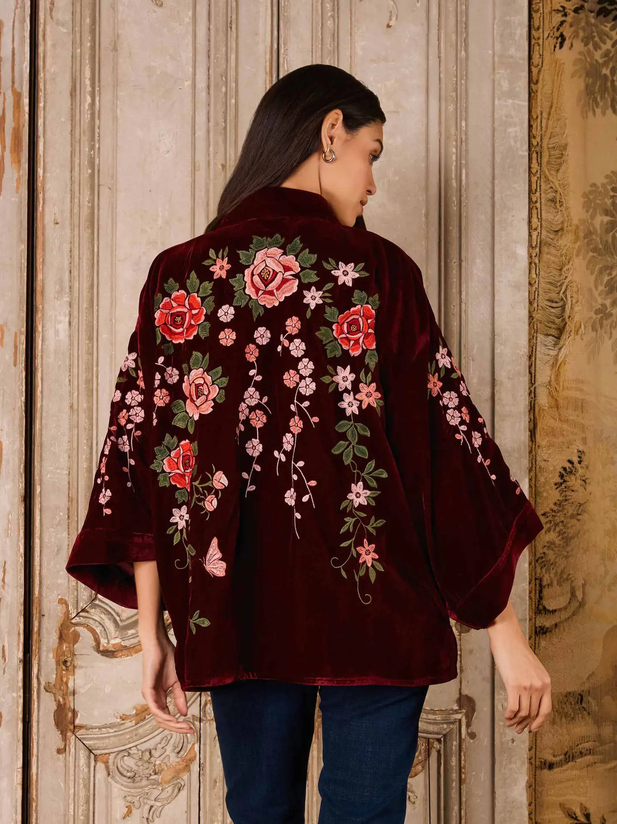 Kimono: Embroidered Velvet Wine with Roses