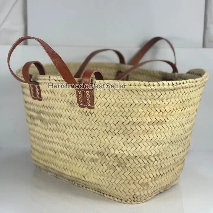 Basket: Handmade Square Straw Basket with Leather Handles