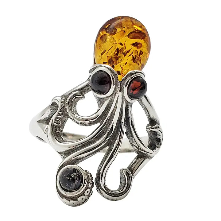 Rings: Multi-Color Amber Sterling Silver Octopus