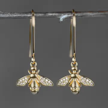 Earrings: Small Brass Vintage Bees w/ Tiny Crystals
