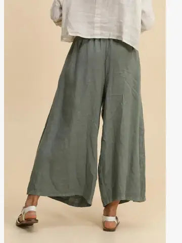Pants: Brown Linen Wide Leg Capri