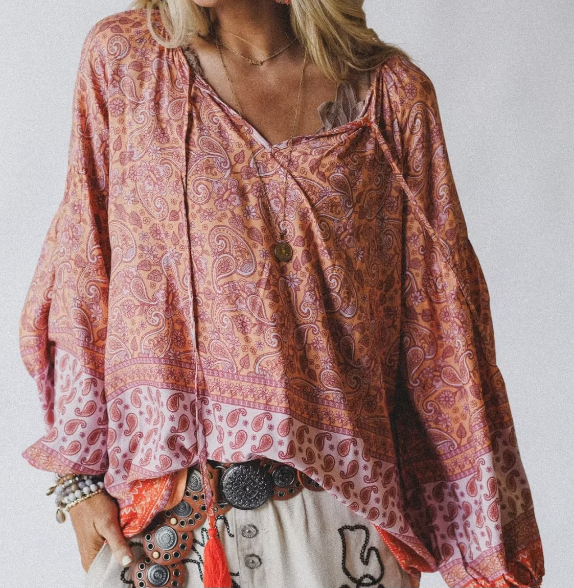Blouse: Oversized Orange Paisley Top