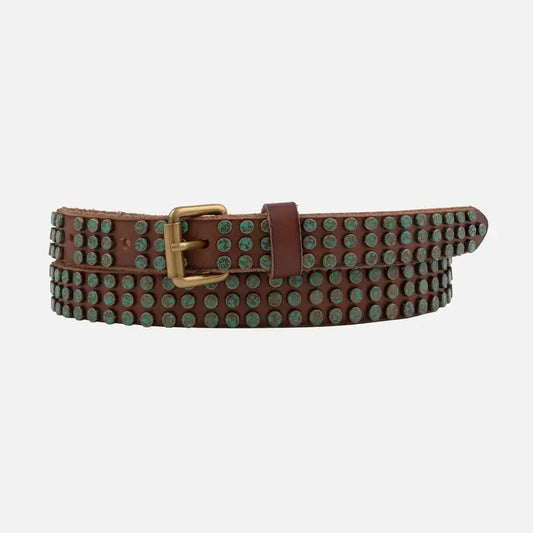 Belt - Women's Skinny  Leather Belt w/Turquoise Patina Studs/Women's Size Medium