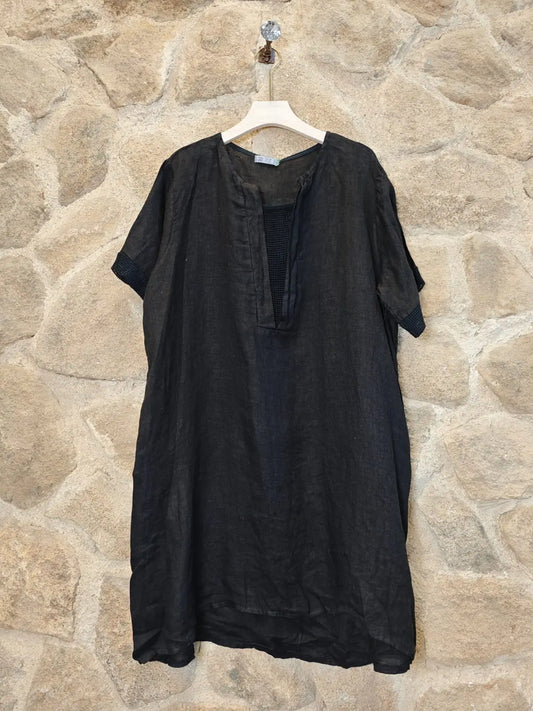 Dress: Dress with Mesh Neckline 100% Linen (Two Colors)