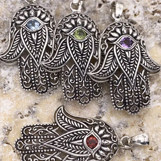 Pendant: Sterling Silver Hamsa with Gemstone (Amethyst or Opal)