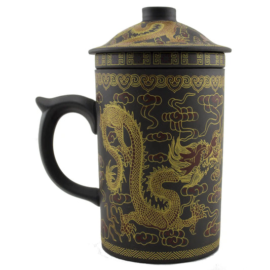 Tea Pot: Yi Xing Clay Strainer Mug with Gold Dragon