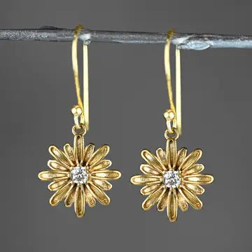 Earrings: Brass Cast Flower Drop w/ Stone