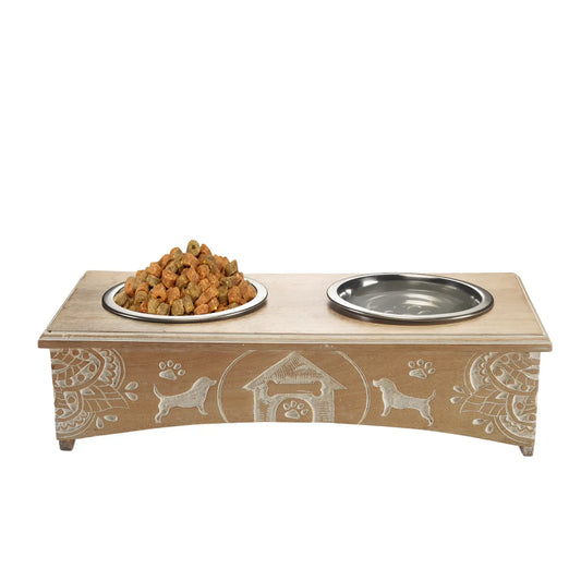 Pet Feeder: Mango Wood Elevated Double