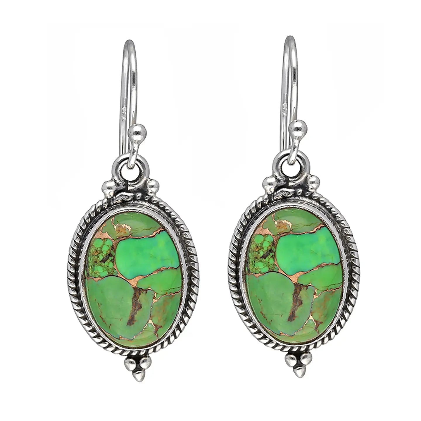Earrings: Sterling Silver Green Copper Turquoise Gemstone
