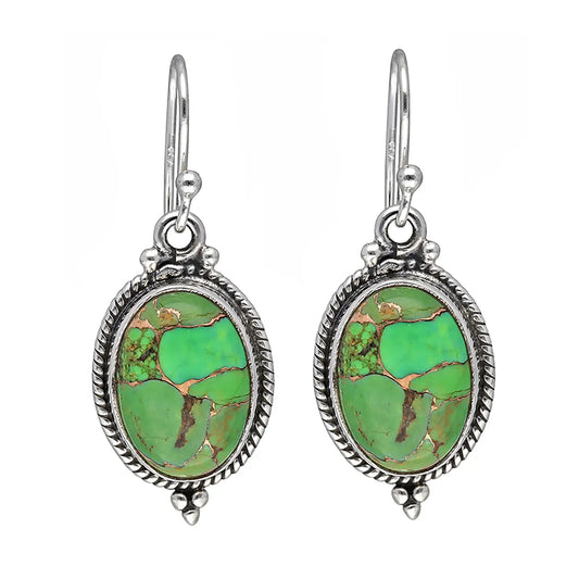 Earrings: Sterling Silver Green Copper Turquoise Gemstone