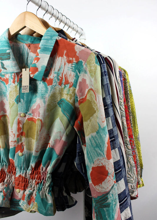 Blouse: Upcycled Long Sleeve Cinched Button Up Shirts