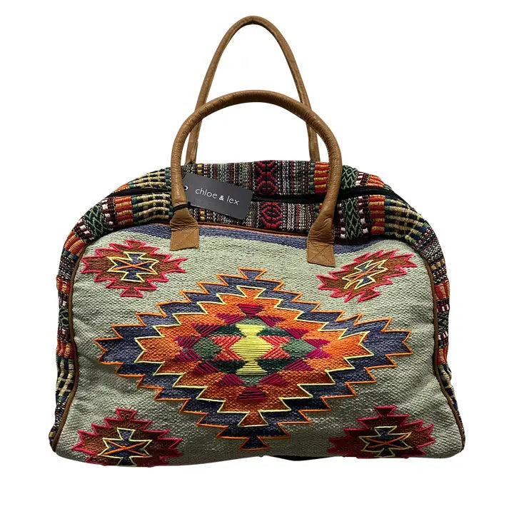 Duffel Bag: Aztec Print Leather Handle Weekender