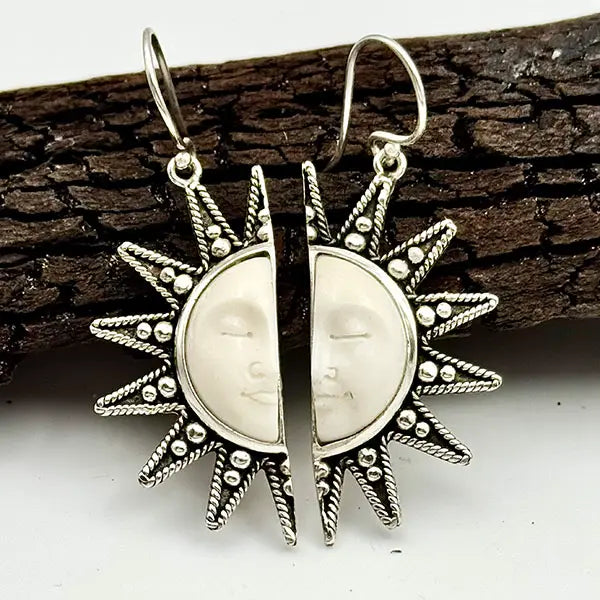 Earrings: Bronze Split Sun w/ Hand Carved Bone