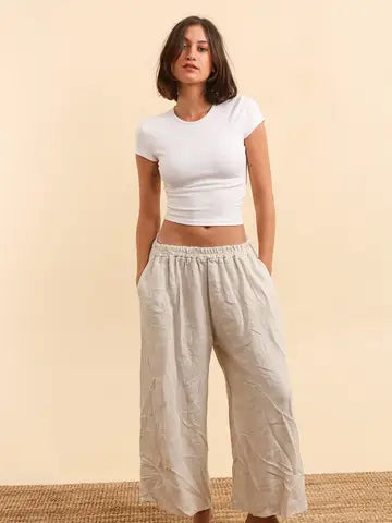 Pants: Brown Linen Wide Leg Capri