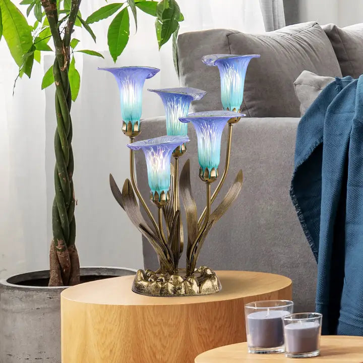 Lamp: Blue Hand Blown Glass with 5 Calla Lilies