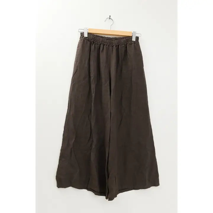 Pants: Brown Linen Wide Leg Capri