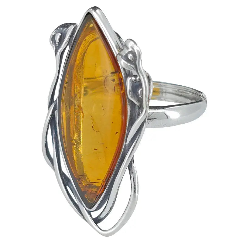 Rings: Handmade Cognac Amber Sterling Silver Adjustable