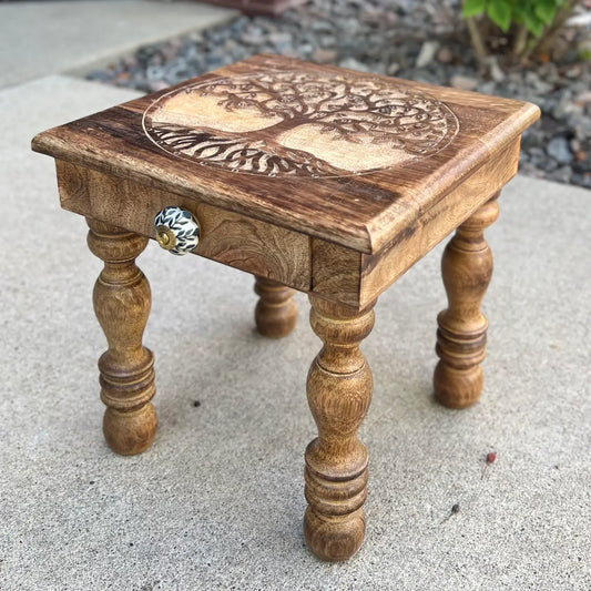 Table: Solid Mango Wood Hand Carved Puja Shrine Altar Meditation Table