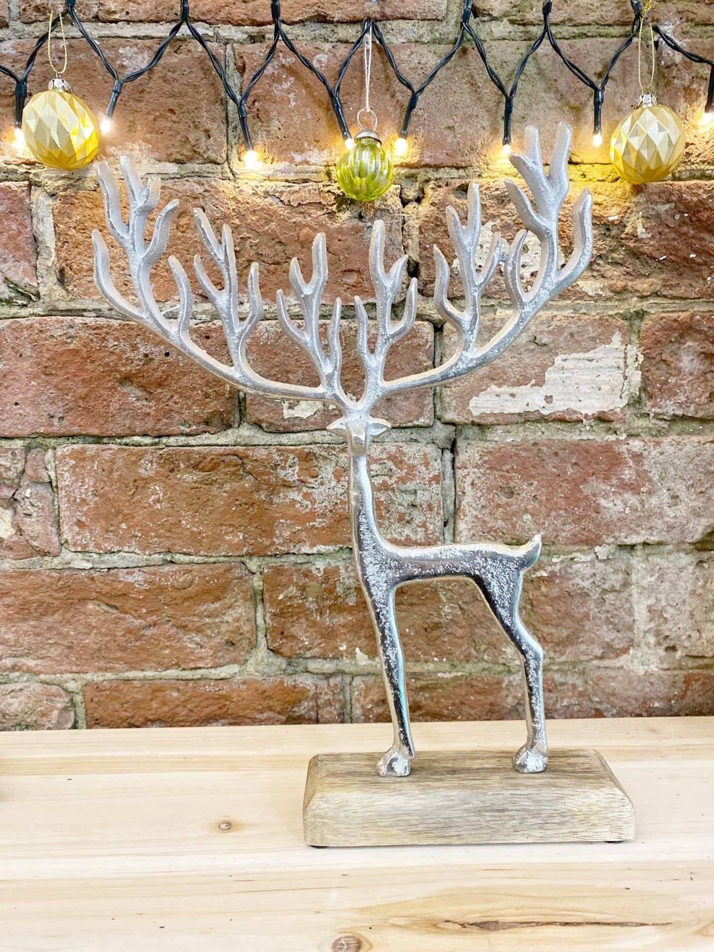 Statue: Silver Metal Deer On Wood Base